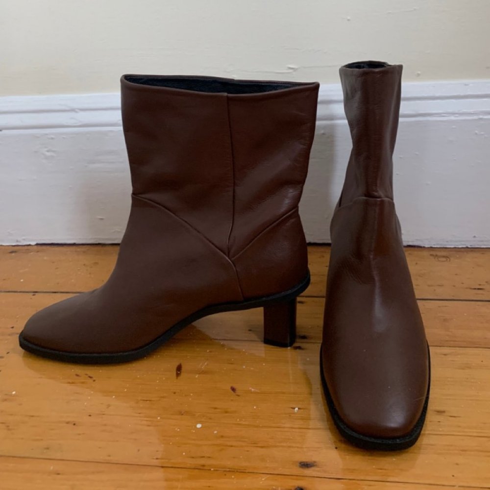COS Brown Leather Boots with Inset Wooden Heel | Size 39